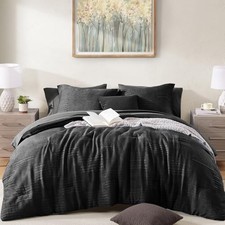 King Size Comforter Set Crinkle Textured Black Bedding Set 7 Pieces