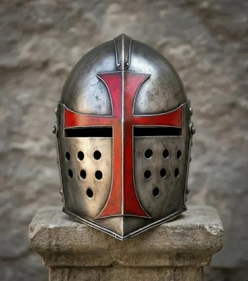 Medieval Crusader Helmet | Knight Templar Red Cross Armor | Wearable Steel LARP