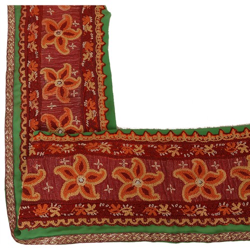 Sanskriti Vintage Green Georgette Hand Embroidered Design Fabric Craft 7"X40" - Picture 5 of 6