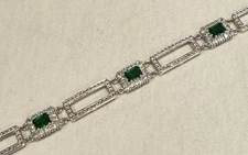 Vintage 925 Sterling Simulated Emerald & Diamonique Wide Panel Bracelet - 7.5"