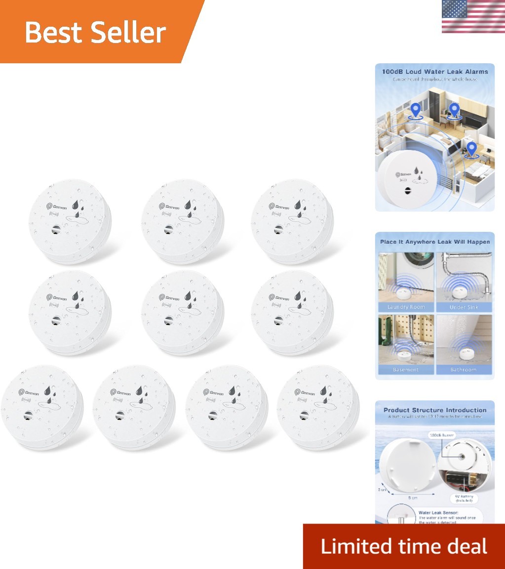 Compact 10 Pack Water Leak Alarms with 100dB Alert - Home Safety Essentials