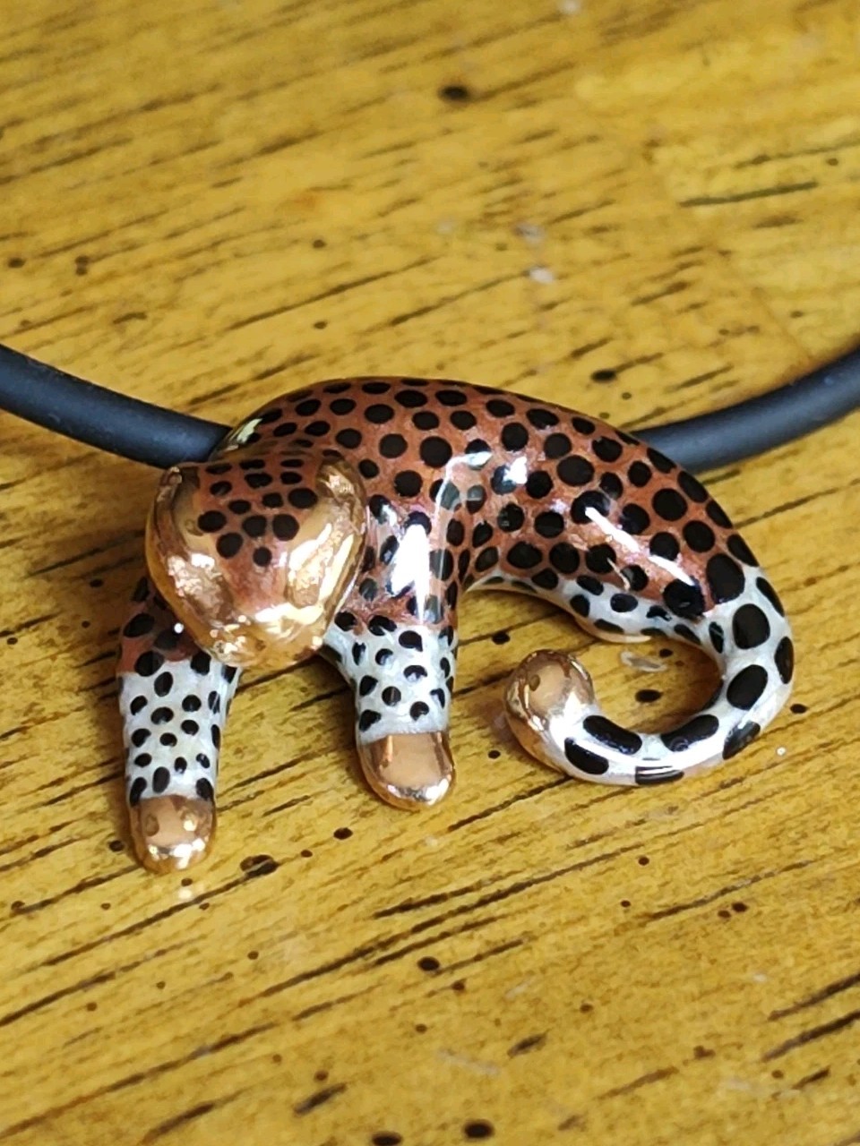 VTG 14k Gold Leopard Cheetah Jaguar Panther Cat Enamel Slide Pendant & Necklace