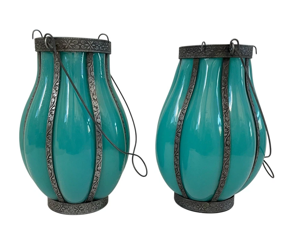 "Juego de 2 linternas marroquíes turquesa con metalistería interior y exterior, 7,5""" Foto 2 de 4