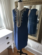 Tory Burch Dress 8 Sophia Embroidered Beaded Aztec Blue Sleeveless Luxury