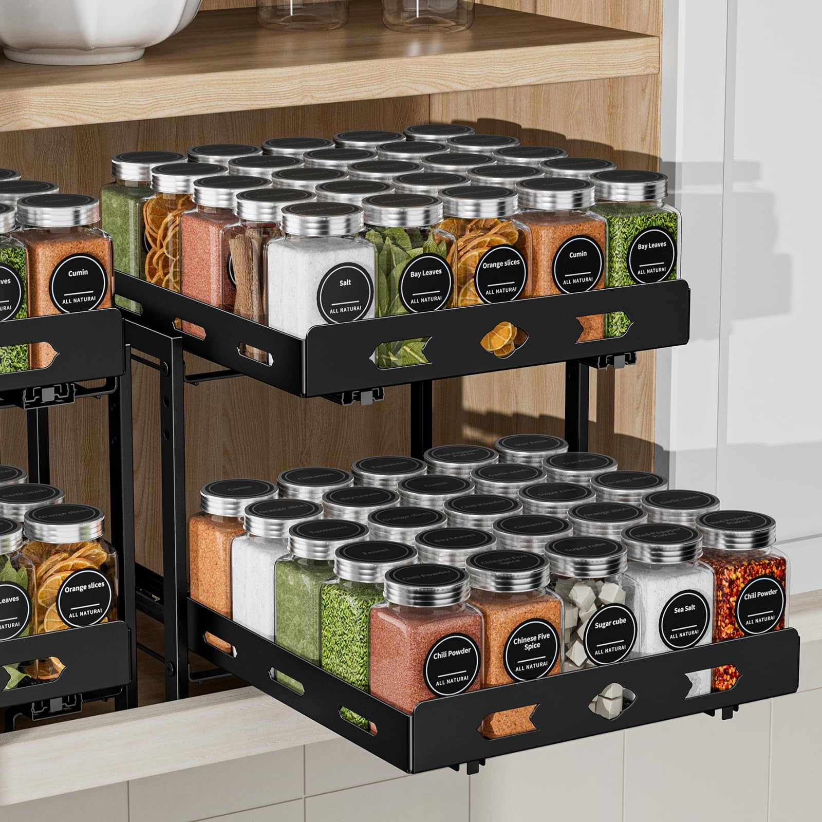 Pull Out Spice Rack Organizer for Cabinet, 2 Tier Cabinet Spice Rack Organize...