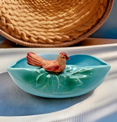 1940 McCoy Pottery Robin Bird Bowl Turquoise Blue Planter Dish USA Vintage