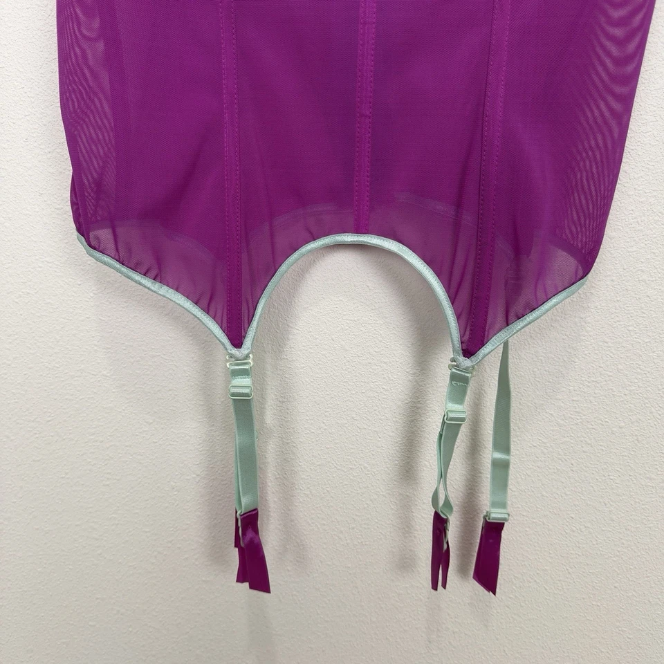 Corsé Coquette Diva para mujer 1X/2X Plus malla púrpura lencería transparente lazo de encaje de hadas Foto 3 de 4