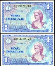 2 Consecutive MPC Series 661 Military Payment Certificate $1 Dollar Note UNC+