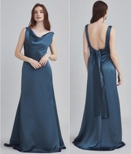 Amsale Bridesmaids Mira Maxi Dress Gown A-Line Fluid Satin Size 6 Dark Navy