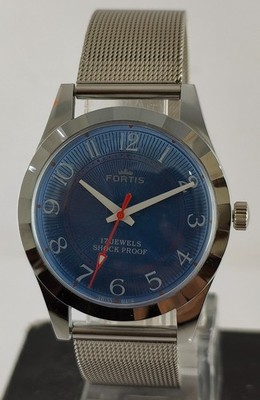Beautiful Fortis Men Hand-Winding Blue Dial Good Working Wristwatch Steel Band