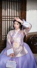 Women's Purple Floral Korean Hanbok Gold Embroidered Jeogori Ombre Chima Set