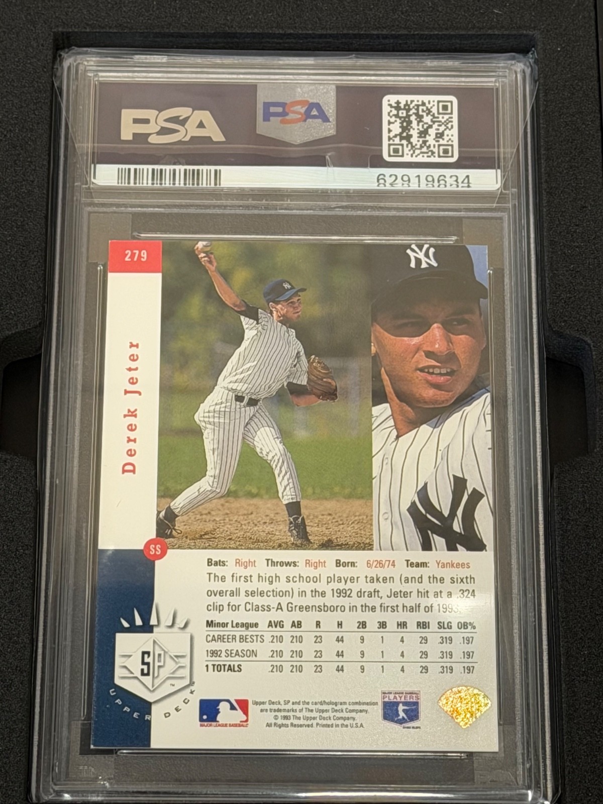 1993 SP #279 DEREK JETER RC ROOKIE FOIL PSA 7 view 2