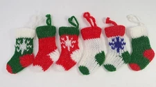 Kitschy Handmade Mini Stocking Ornament Lot Of 6 Knitted Christmas 3.75"