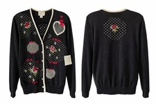 90s Hand Embroidered Indie Floral Cross Stitch Chunky Cardigan Black Vintage New