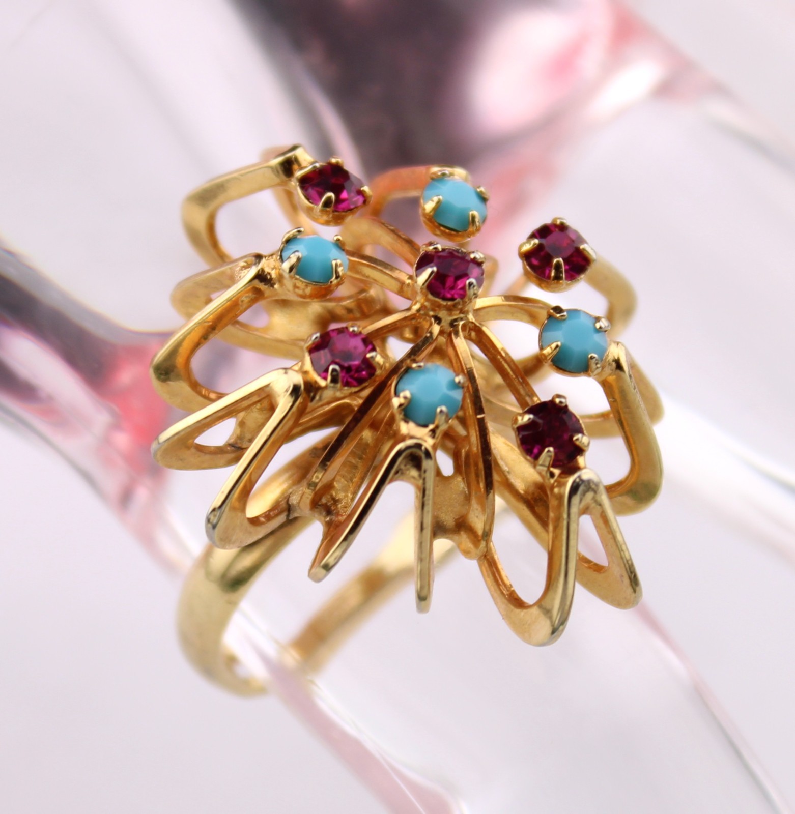 Vintage Ruby Red Turquoise Rhinestone Filigree St… - image 1