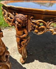 Set of 3 Rococo Revival Cherub Carved Wood and Marquetry Two-Tier Tables Coffee