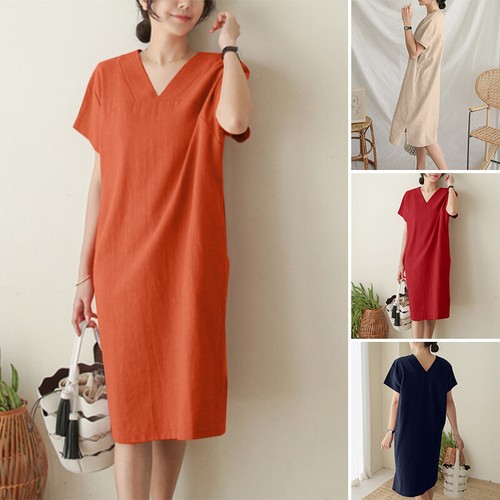Women Summer Short Sleeve V Neck A Line Shift Dress Cotton Long Dresses  Sundress | eBay