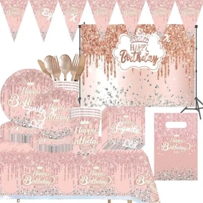 PARTY FUNGAMA Rose Pink Glitz Happy Birthday Party Supplies Tableware Set Decorations Balloons