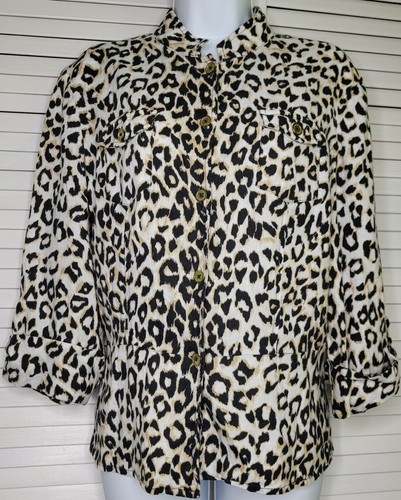 Jones New York Signature Linen Leopard Print Top Light Jacket Peplum Women's LG - Picture 2 of 8