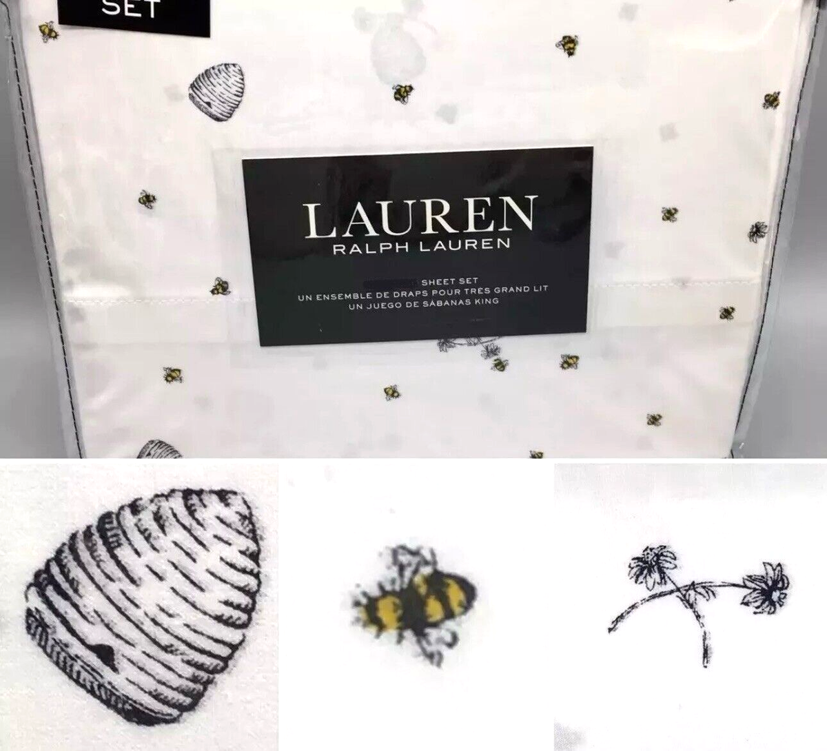 Ralph Lauren TWIN Sheet Set Bumble Bee Hive Flowers 100% Cotton