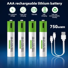 4Pcs 1.5 Volt 750mWh AAA Type C USB Rechargeable Lithium Li-ion Batteries 1.5V