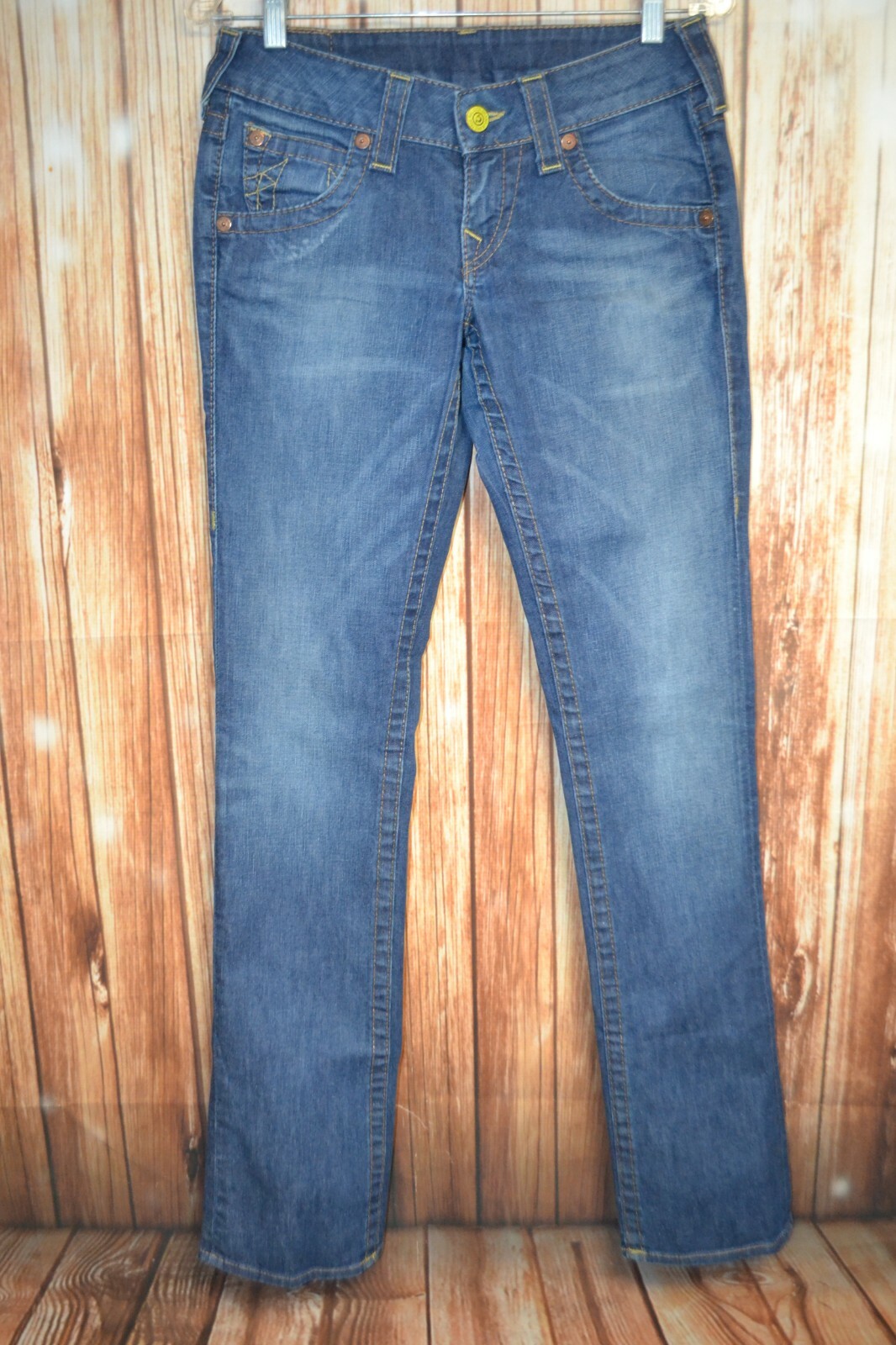 True Religion Women's Straight Pocket Flaps Yellow Buttons Blue Jeans Sz 27x34 thumbnail 4