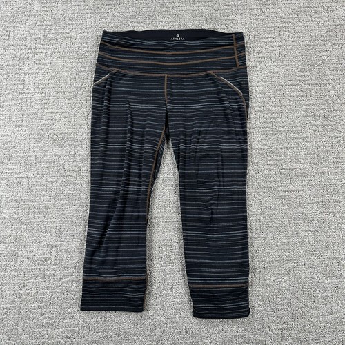 Athleta Yoga Pants Medium M Black Blue Leggings Striped Capri Athleisure Womens - Picture 2 of 15