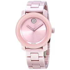 MOVADO BOLD 3600536 PINK CRYSTAL SUNBURST DIAL CERAMIC BRACELET WOMENS WATCH