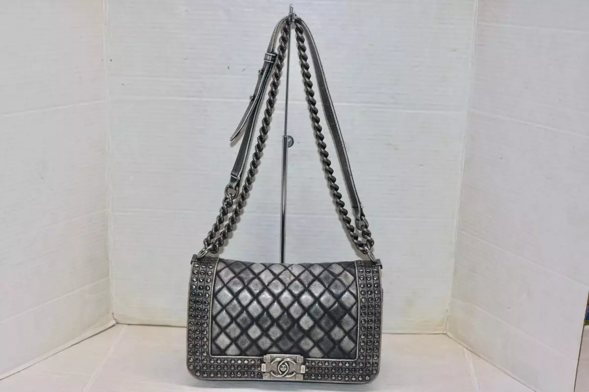 Authentic Chanel Grey Quilted Distressed Leather Studded Paris