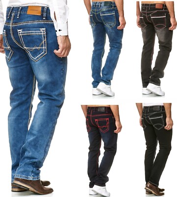 iProfash HERREN STRAIGHT FIT JEANS CHINO HOSE DICKE NAHT BLAU/SCHWARZ/GRAU Nähte