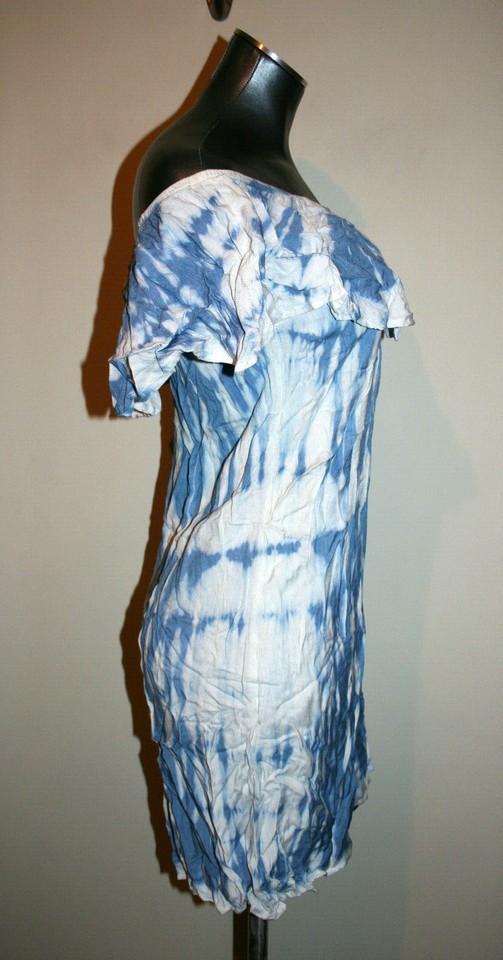 NEW Womens STYLE ENVY Blue Tie Dye Off Shoulder Boho Hippie Dress Small