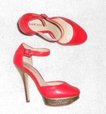 SAN MARINA escarpins cuir rouge corail déco serpent doré P 37 TBE - Photo 1/4