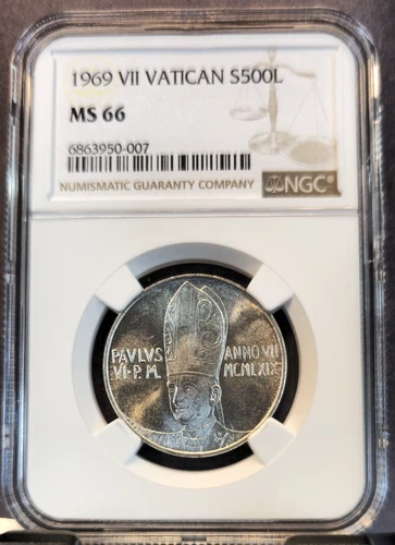1969 VATICAN SILVER 500 LIRE PAUL VI ANGEL NGC MS 66 GEM BU HIGH GRADE BEAUTY