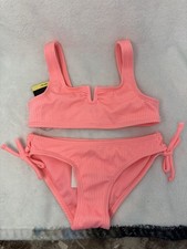 Girls Art Class Coral Orange/Pink Ribbed Bikini Swimsuit Size XSmall 4/5 NWT
