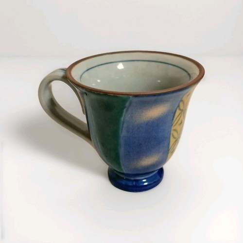 Vintage Kutani Ware Mug Pedestal Coffee Cup Blue Yellow Shippo Rizan Japan