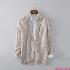 Mens Two Buttons Blazer Lapel Collar 100 Linen Suit Jacket Coat Outwear Striped