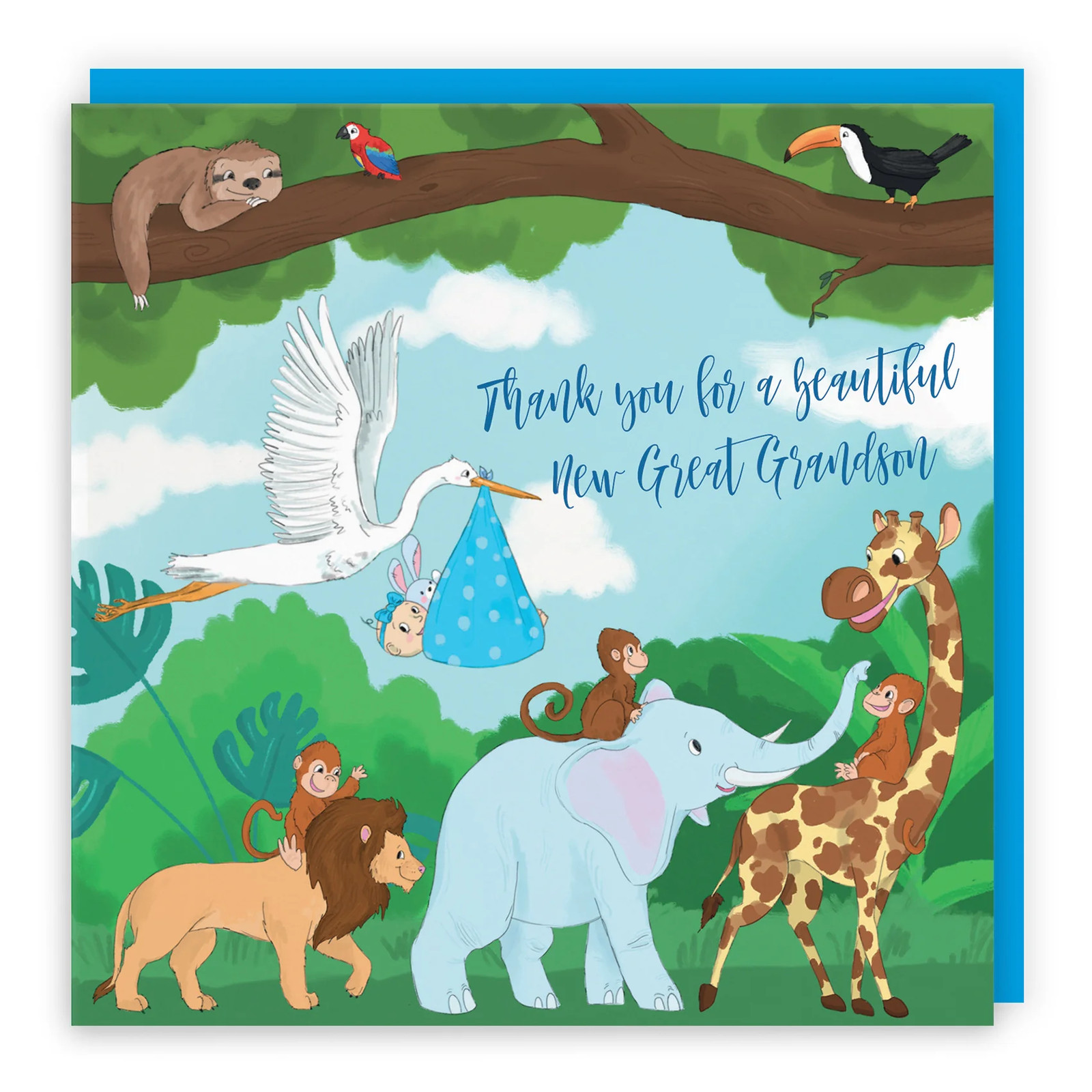 New Baby Great Grandson Cute Thank You Card Stork Jungle