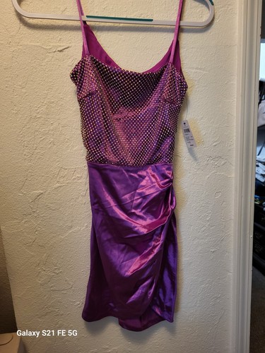 Windsor Magenta Satin Mini Dress Cowl Neck Open Back Rhinestone Ruched S Nwt