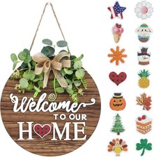 Interchangeable Seasonal Welcome Sign Front Door Decoration Rustic Round Wood