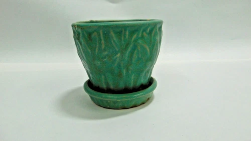 VINTAGE MCCOY POTTERY LOTUS 4" POT & SAUCER 1920'S-30'S MATTE GREEN