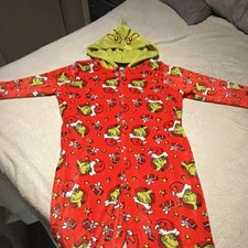 XL-Dr. Seuss The Grinch Hooded Fleece One Piece Pajamas Red Green Zip Christmas