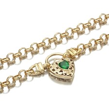 18K GL Solid Rolo Yellow Gold Necklace Filigree Heart Padlock Emerald Green Gem