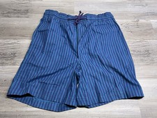 Vintage 80s Teal Purple Striped Mens Cotton Shorts Elastic Waist Drawstring L