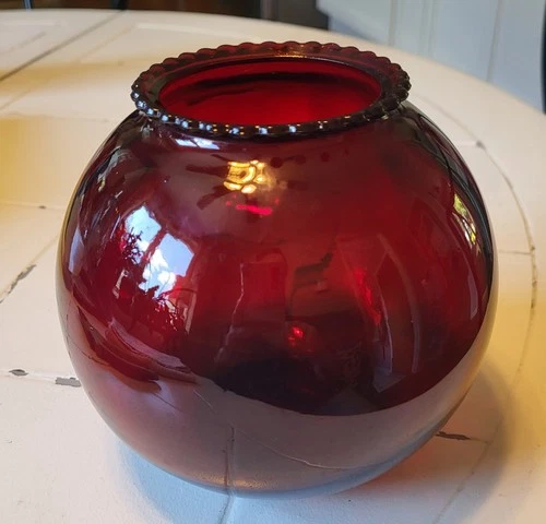 Vtg Anchor Hocking Ruby Red Depression Glass Round Vase Ruffled Edge 5.5" Tall