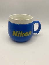 Vintage Nikon Mug Thermal Plastic Weighted Base Blue Yellow Logo Made in USA EUC