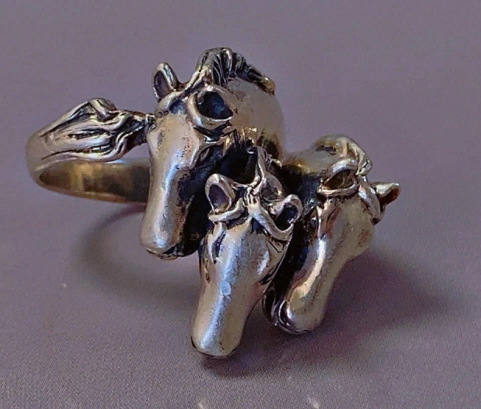Bague tête de cheval bague argent massif old silver ring with 3 horse heads T58 - Photo 4/4