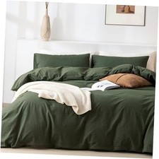 Duvet Cover Set- 100 Washed Cotton 3 Pcs Soft Comfy Queen Olive Green