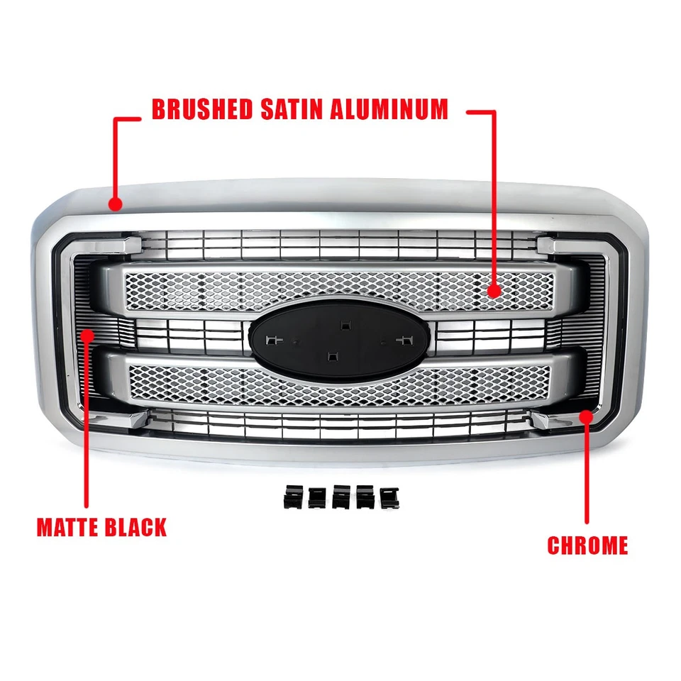 For 2011-16 Ford F250 F350 Super Duty Platinum Satin Aluminum Front Upper Grille Foto 4 de 4