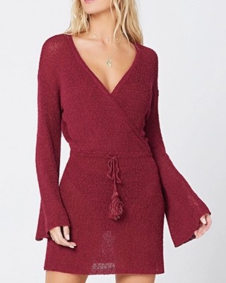 L*SPACE Cabernet Topanga Sweater Knit Cover Up Dress Drawcord Waist Sz Small