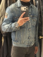 Vintage Polo Ralph Lauren Jacket Mens S Blue Denim Jean Trucker USA Flag Patch